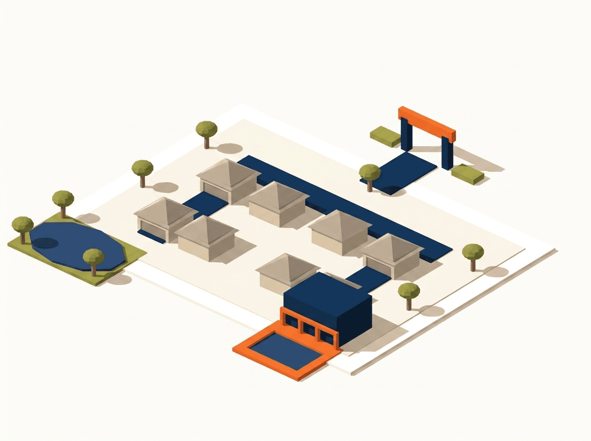 A site diagram of an HOA community showing private homes in muted tones, with the shared common elements highlighted: the private roads, entrance monument, clubhouse, pool, and retention pond.