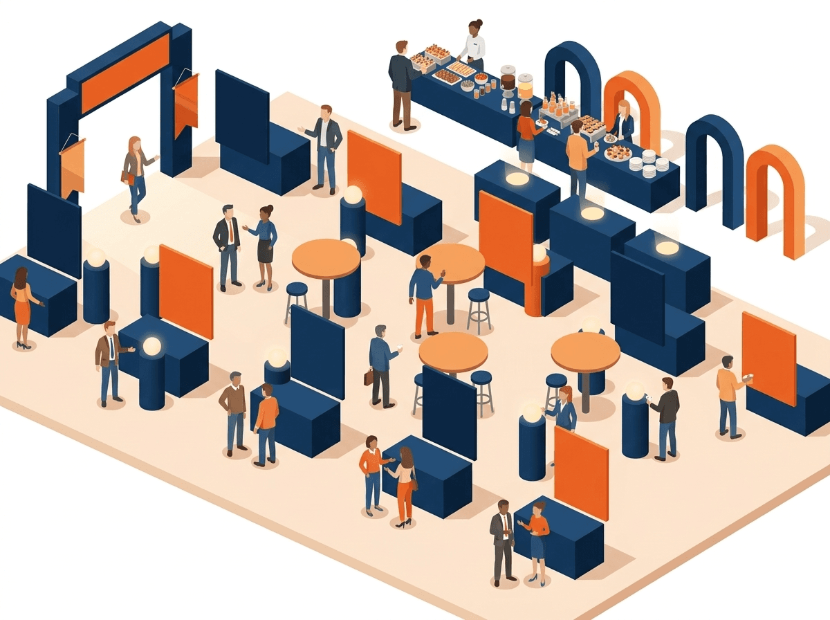 An illustrated vendor hall floor with booths, cocktail tables, and community-association vendors and managers mingling, representing the always-on industry expo.